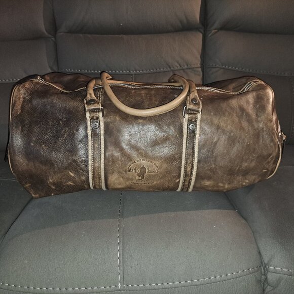Vintage MARLBORO CLASSIC-Distressed Brown Leather Duffel Bag-LARGE-RARE-NearMint - Picture 1 of 11